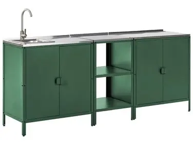 Conjunto de 3 muebles de cocina exterior con fregadero VILAMA Verde Metal - Jardín y balcón