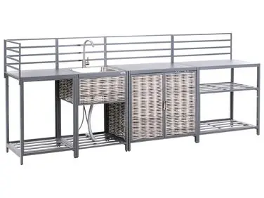 Conjunto de 4 muebles de cocina exterior con fregadero MIRADOR Gris Ratán sintético - Jardín y balcón