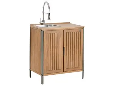 Armario de cocina exterior con fregadero IVREA Marrón/Plateado Madera de acacia certificada - Jardín y balcón
