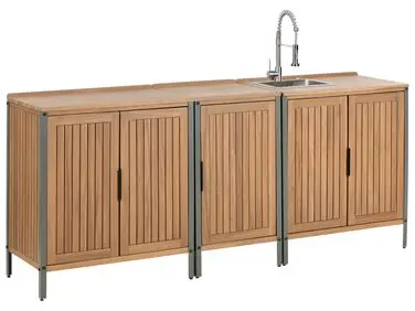 3 Piece Outdoor Kitchen Set with Sink IVREA Brown/ Silver Certified Acacia Wood - Garden & Balcony