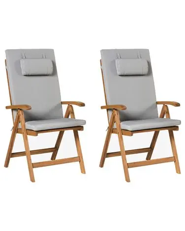 Set of 2 Garden Chairs with Cushions JAVA PREMIUM Acacia Wood Light Grey - Garden & Balcony