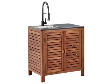 Armario de cocina exterior con fregadero BRUCOLI Marrón/Negro Madera de acacia - Jardín y balcón