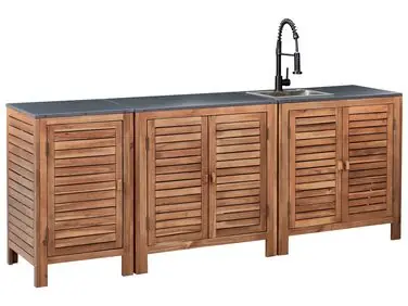 3 Piece Outdoor Kitchen Set with Sink BRUCOLI Brown/ Black Acacia Wood - Garden & Balcony