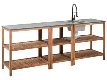 Conjunto de 3 muebles de cocina exterior con fregadero BRUCOLI Marrón/Negro Madera de acacia - Jardín y balcón