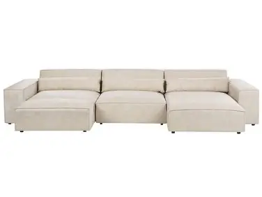 Sofá modular esquinero 5 plazas HELLNAR Izquierda Beige claro Terciopelo con otomana - Sala de estar