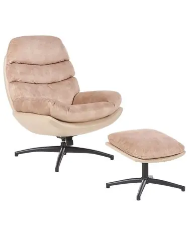 Swivel Armchair EIDE with Footstool Velvet Sand Beige - Living Room