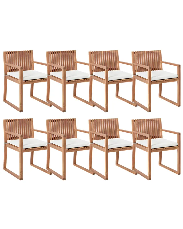 Set of 8 Garden Chairs with Cushions SASSARI II PREMIUM Certified Acacia Wood Off-White