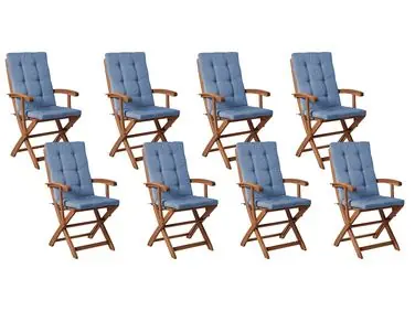 Set of 8 Garden Chairs with Cushions MAUI PREMIUM Acacia Wood Blue - Garden & Balcony