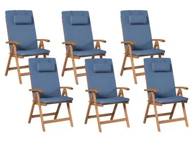 Set of 6 Garden Chairs with Cushions JAVA PREMIUM Acacia Wood Blue - Garden & Balcony