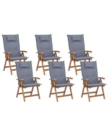 Set of 6 Garden Chairs with Cushions JAVA Acacia Wood Blue - Garden & Balcony