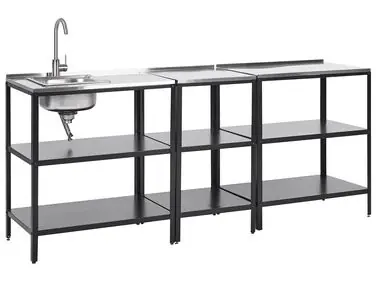 Conjunto de 3 muebles de cocina exterior con fregadero VILAMA Negro Metal - Jardín y balcón