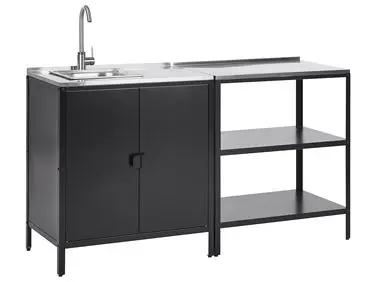 Conjunto de 2 muebles de cocina exterior con fregadero VILAMA Negro Metal - Jardín y balcón