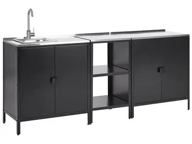 Conjunto de 3 muebles de cocina exterior con fregadero VILAMA Negro Metal - Jardín y balcón