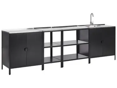 Conjunto de 4 muebles de cocina exterior con fregadero VILAMA Negro Metal - Jardín y balcón