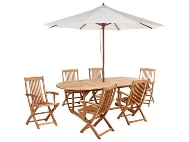 Conjunto de comedor exterior 6 plazas MAUI II Marrón claro Madera de acacia con sombrilla (12 opciones) - Jardín y balcón