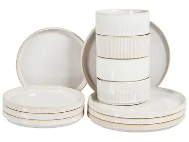 Vajilla de 12 piezas SPIKENARD Gres Blanco crema - Accesorios decorativos