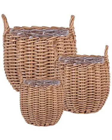 Set of 3 Wicker Planters AUCUBA 26/34/44 cm Light Brown - Garden & Balcony