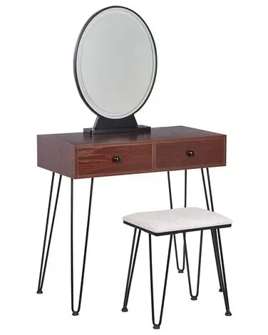2 Drawers Dressing Table with LED Mirror and Stool Dark Wood and Black LOIX - Living Room