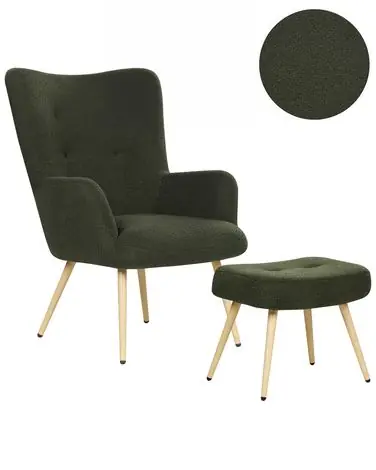 Wingback Chair VEJLE with Footstool Boucle Dark Green - Living Room