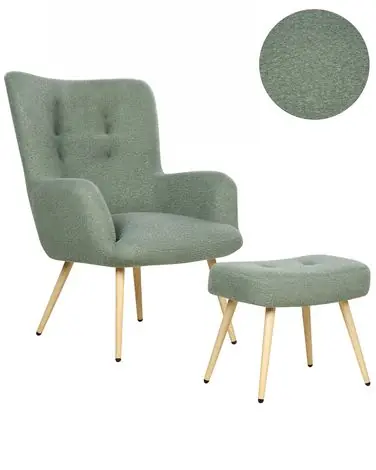 Wingback Chair VEJLE with Footstool Boucle Light Green - Living Room