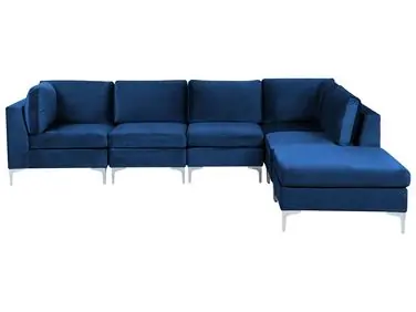 Sofá modular esquinero 5 plazas EVJA Izquierda Azul marino Terciopelo con otomana - Sala de estar