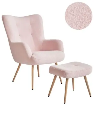 Wingback Chair VEJLE with Footstool Boucle Pastel Pink - Living Room
