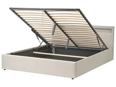 Ottoman Bed with LED ARMELLE Fabric Beige 160 x 200 cm (EU King Size) - Bedroom