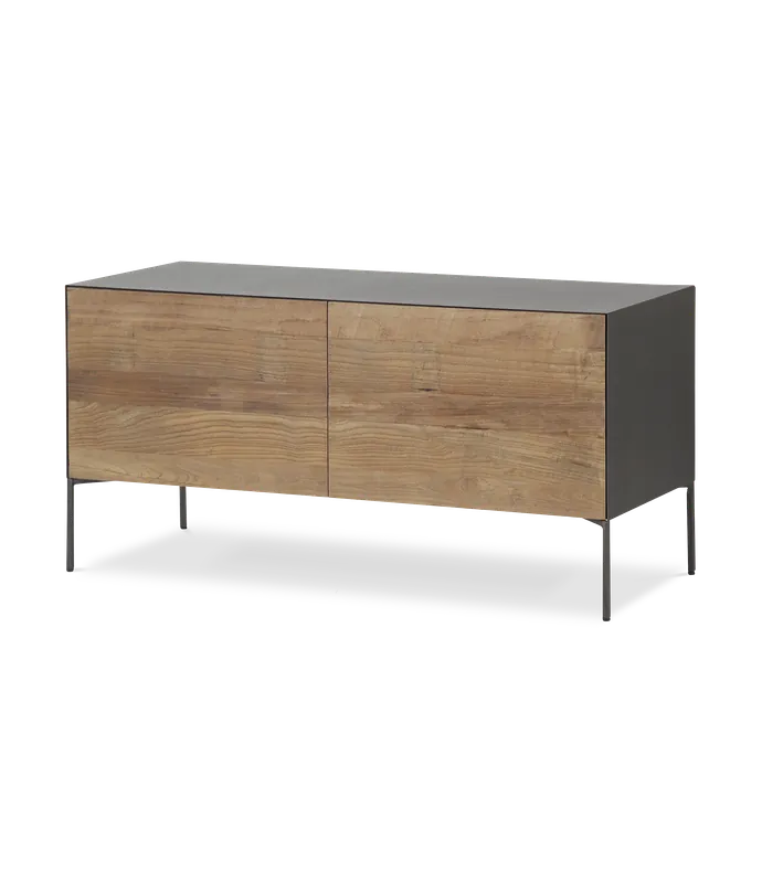 Mueble TV Fusion frontal teca reciclada 1 puerta abatible 1 cajón contenedor 111 x 45 x 55 cm - PLM Design