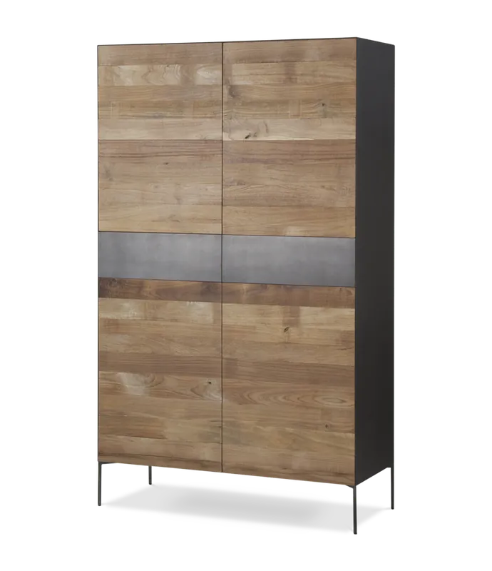 Aparador alto Fusion frontal acero y teca reciclada 4 puertas 2 cajones 111 x 45 x 184 cm - PLM Design