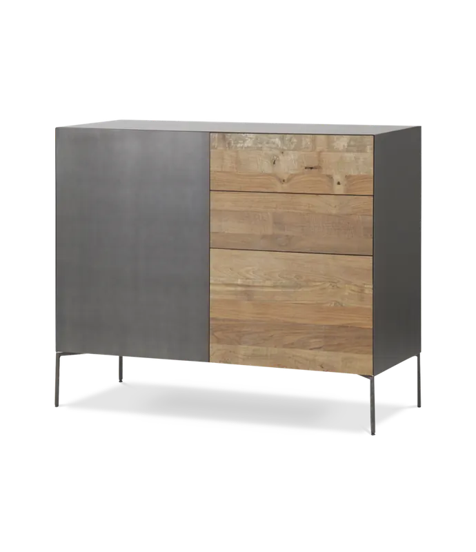 Aparador Fusion frontal acero y teca reciclada 1 puerta 3 cajones (1 contenedor) 111 x 45 x 92 cm - PLM Design