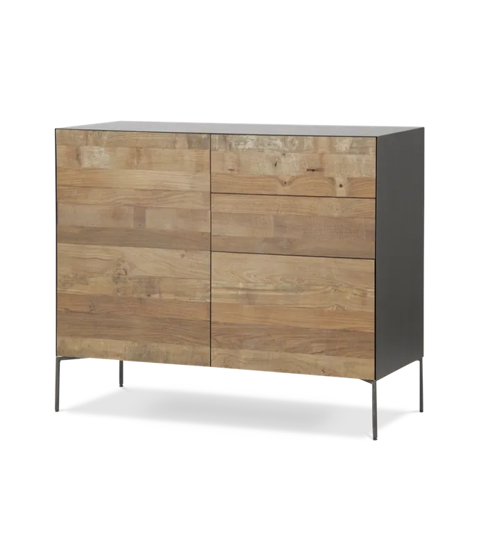 Aparador Fusion frontal teca reciclada 1 puerta 3 cajones (1 contenedor) 111 x 45 x 92 cm - PLM Design