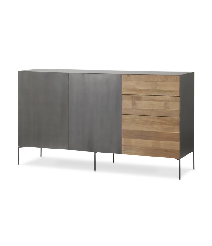 Aparador Fusion frontal acero y teca reciclada 2 puertas 3 cajones (1 contenedor) 166 x 45 x 92 cm - PLM Design