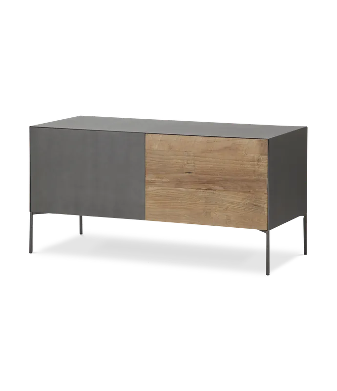 Mueble TV Fusion frontal acero y teca reciclada 1 puerta abatible 1 cajón contenedor 111 x 45 x 55 cm - PLM Design