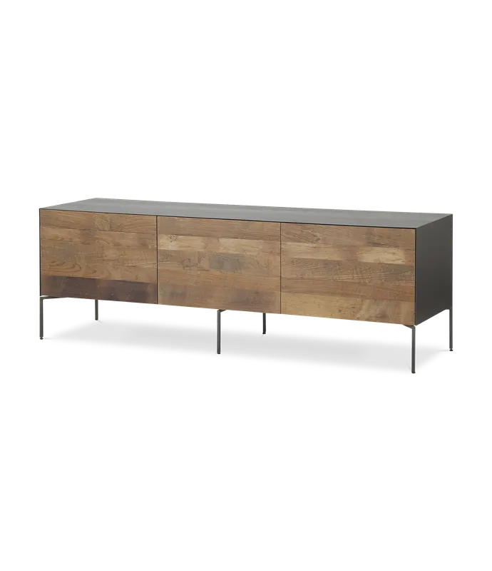 Mueble TV Fusion frontal teca reciclada 2 puertas (1 abatible) 1 cajón contenedor 166 x 45 x 55 cm - PLM Design