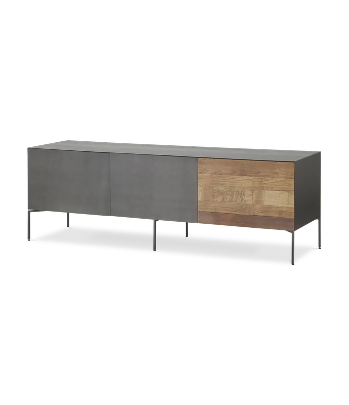 Mueble TV Fusion frontal acero y teca reciclada 2 puertas (1 abatible) 1 cajón contenedor 166 x 45 x 55 cm - PLM Design
