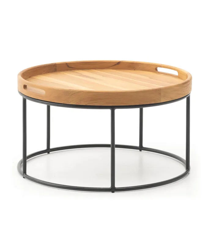 Mesa de centro/auxiliar Brooklyn de teca maciza y acero Ø70 x 40 cm - PLM Design