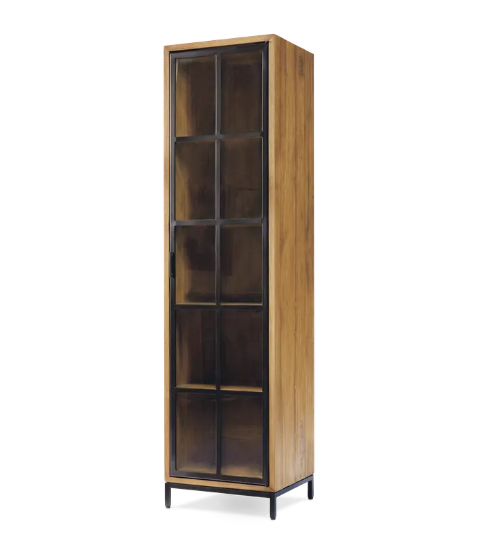 Vitrina Craft 1 puerta de teca maciza y acero pavonado 49 x 40 x 185 cm - PLM Design