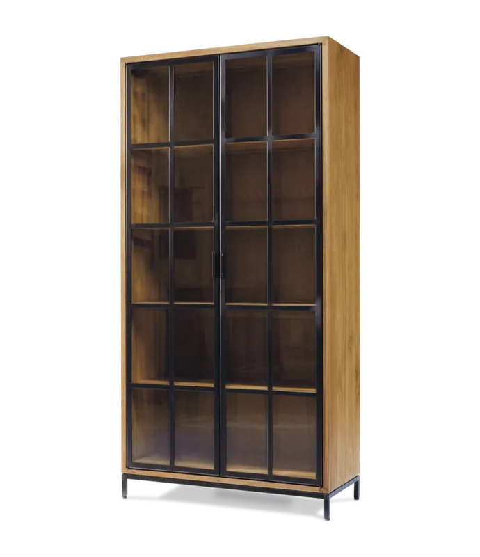Vitrina Craft 2 puertas de teca maciza y acero pavonado 93 x 40 x 185 cm - PLM Design