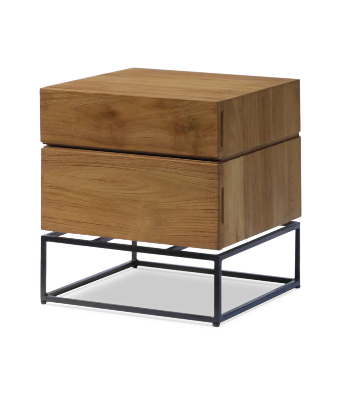 Mesita de noche Elements 2 cajones de teca maciza y acero lacado negro 40 x 40 x 44 cm - PLM Design