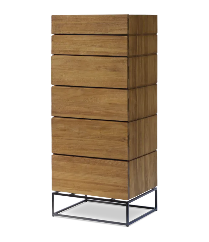 Cajonera Elements 6 cajones de teca maciza y acero lacado negro 50 x 40 x 118 cm - PLM Design