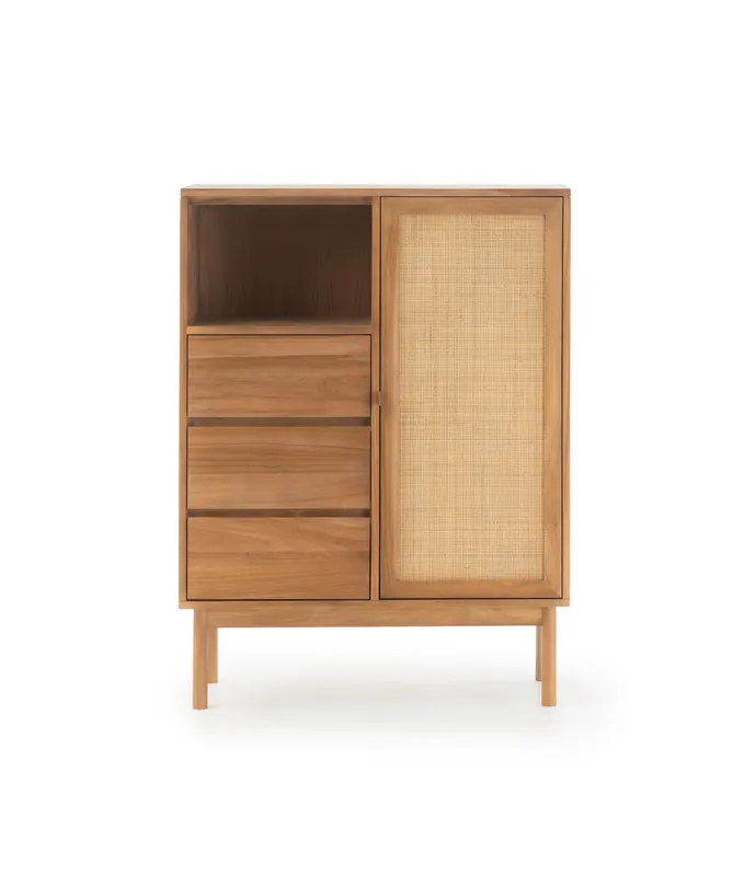 Aparador alto Tulum de teca maciza y ratán natural 90 x 40 x 120 cm - PLM Design