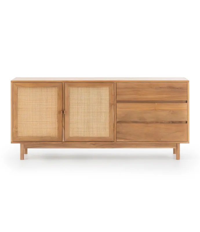 Aparador Tulum de teca maciza y ratán natural 159 x 40 x 71 cm - PLM Design