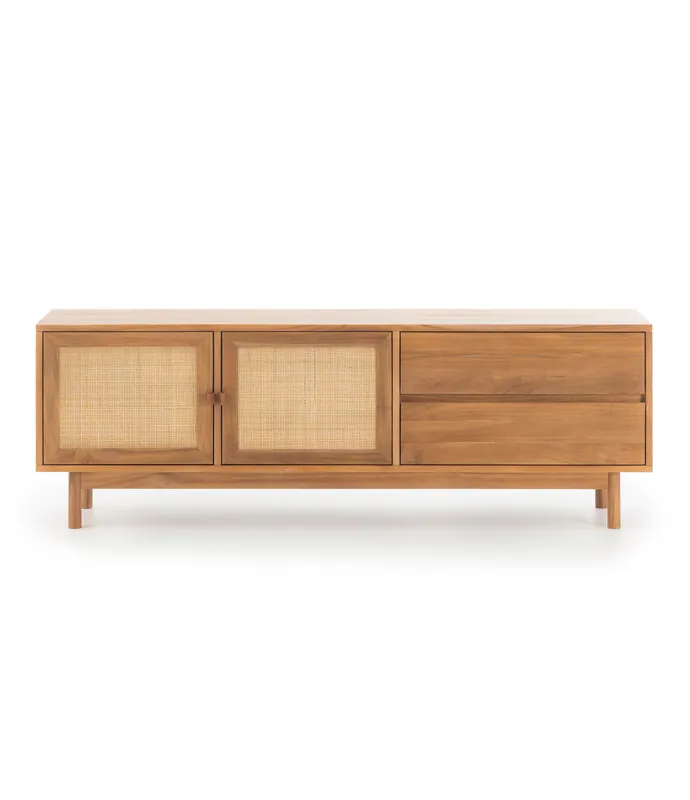 Mueble TV Tulum de teca maciza y ratán natural 159 x 40 x 53 cm - PLM Design