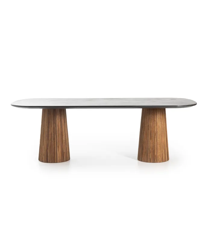Mesa ovalada Kirei de teca reciclada y microcemento 240 x 110 x 78 cm - PLM Design