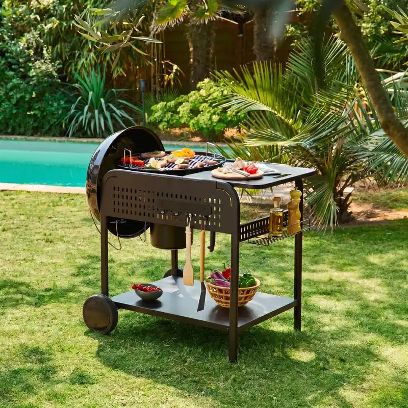 Barbacoa redonda de carbón de acero esmaltado con carrito, Ø53cm - Barbacoas