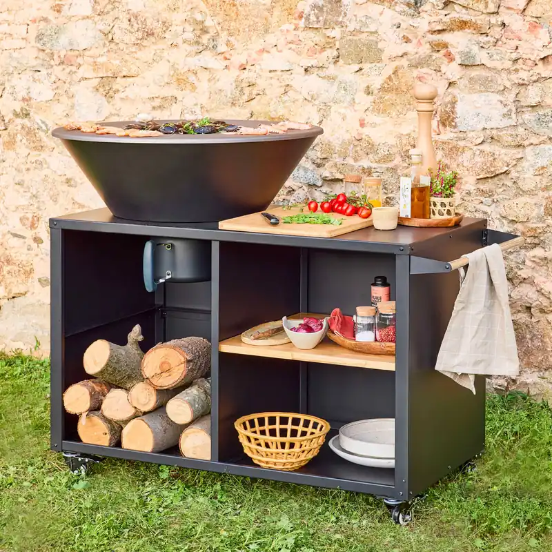 Brasero barbacoa con mesa de servicio, almacenamiento y funda, Ø80cm - Barbacoas