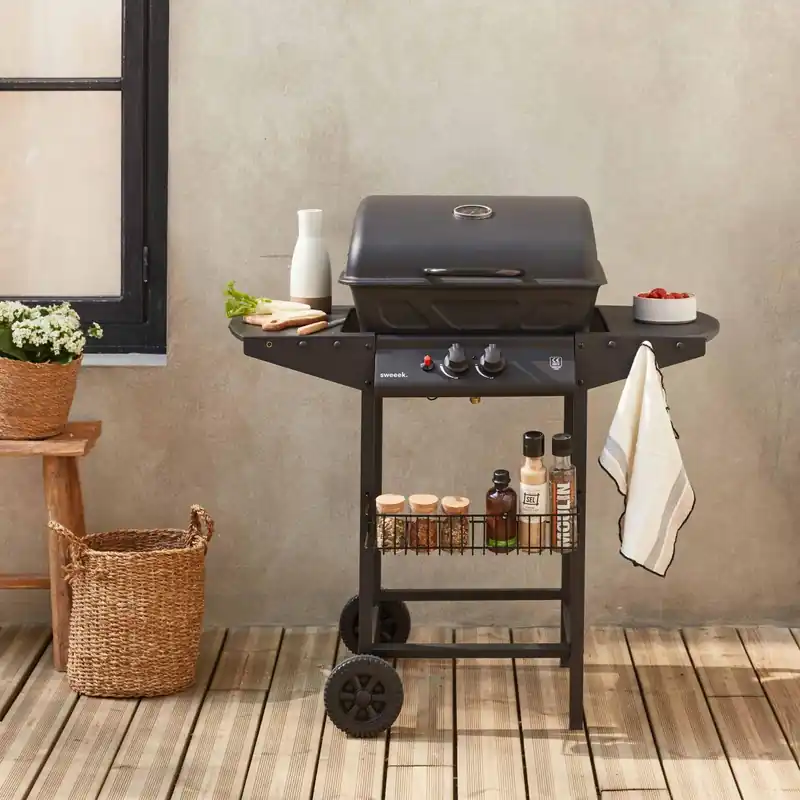 Barbacoa de gas de 2 quemadores con estantes laterales y termómetro - Barbacoas