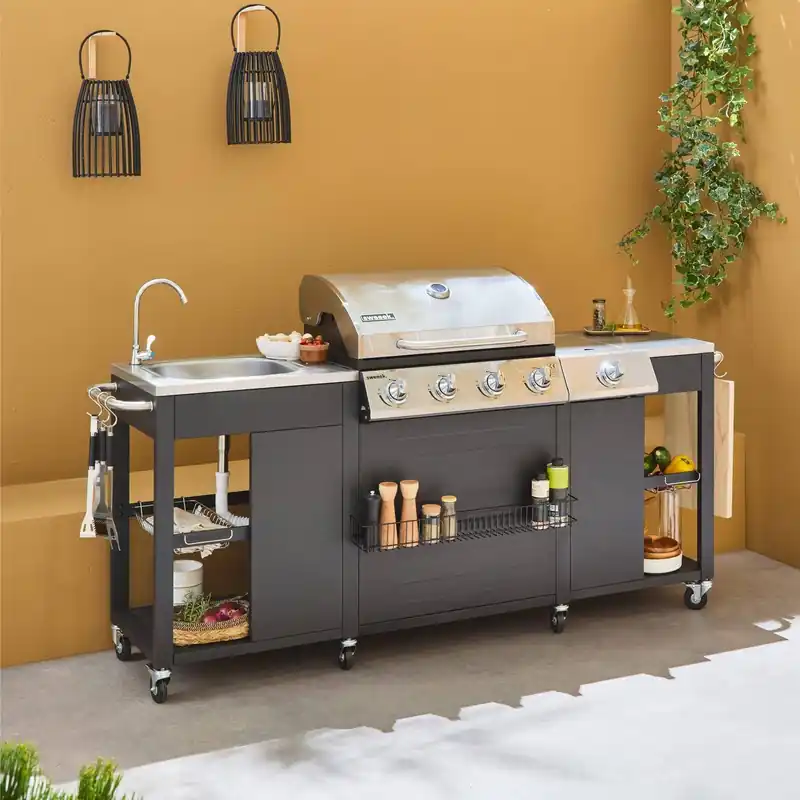 Barbacoa de gas de 5 quemadores con 1 quemador lateral, cocina exterior con fregadero - Barbacoas