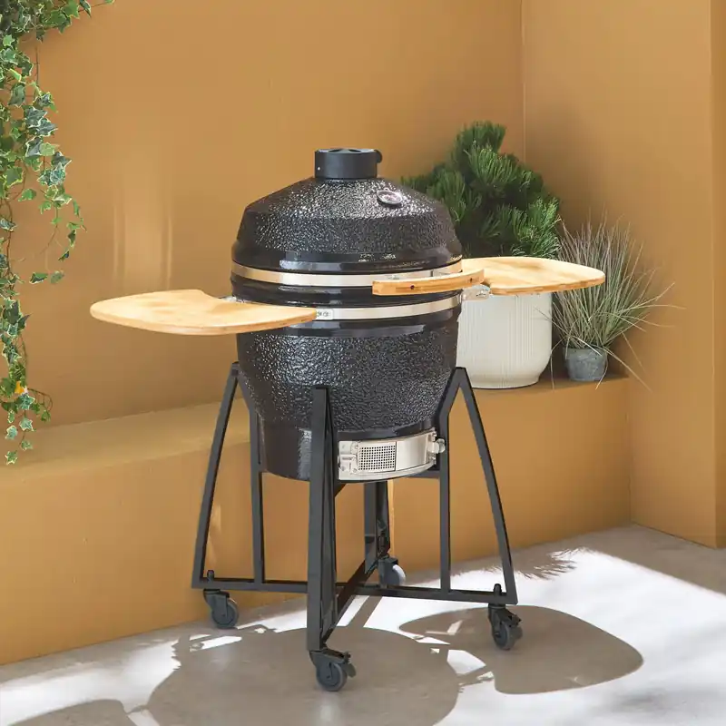 Barbacoa de carbón, parrilla y ahumador, cerámica Ø54,5cm con ruedas, estantes y funda - Barbacoas