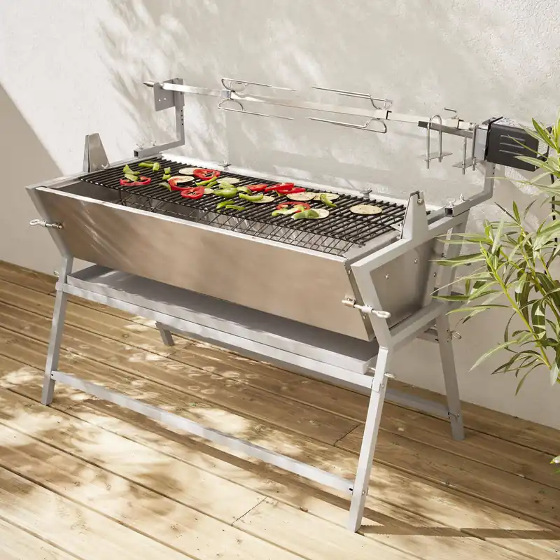 Asador de carbón motorizado inclinable de acero inoxidable con espetón eléctrico y funda - Barbacoas